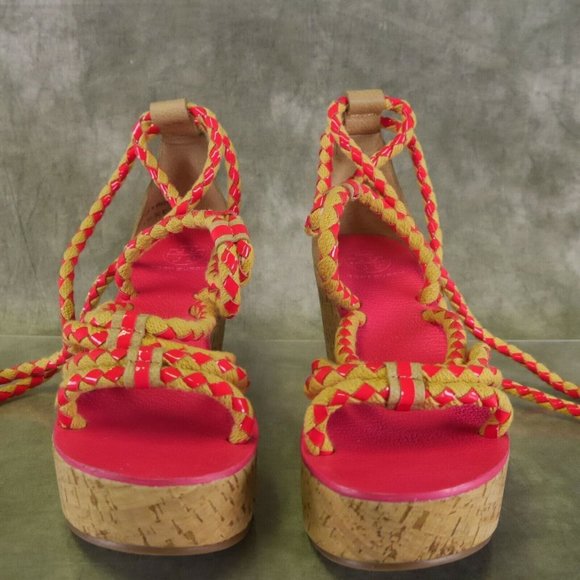NWD Tory Burch Tie Up Pink/Tan Rope & Cork Petra Mid Wedge Wom 8.5 M $375    ANB - Picture 7 of 12
